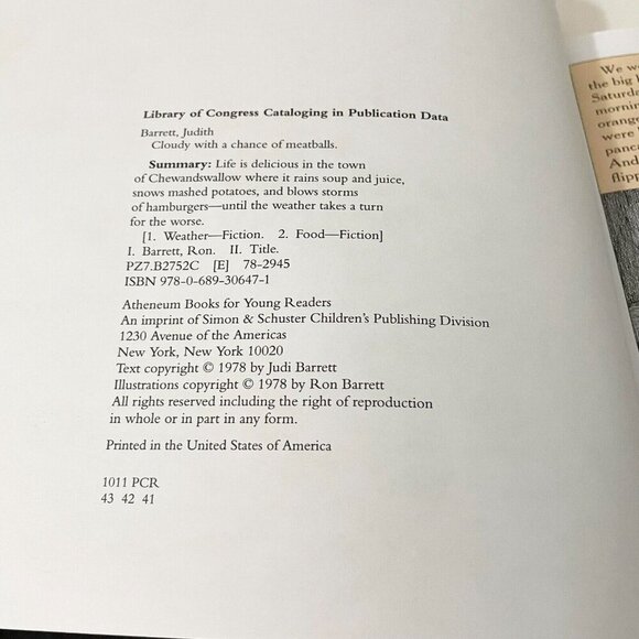 Vtg 1978 Cloudy with A Chance of Meatballs by Judi Barrett - Picture 9 of 16